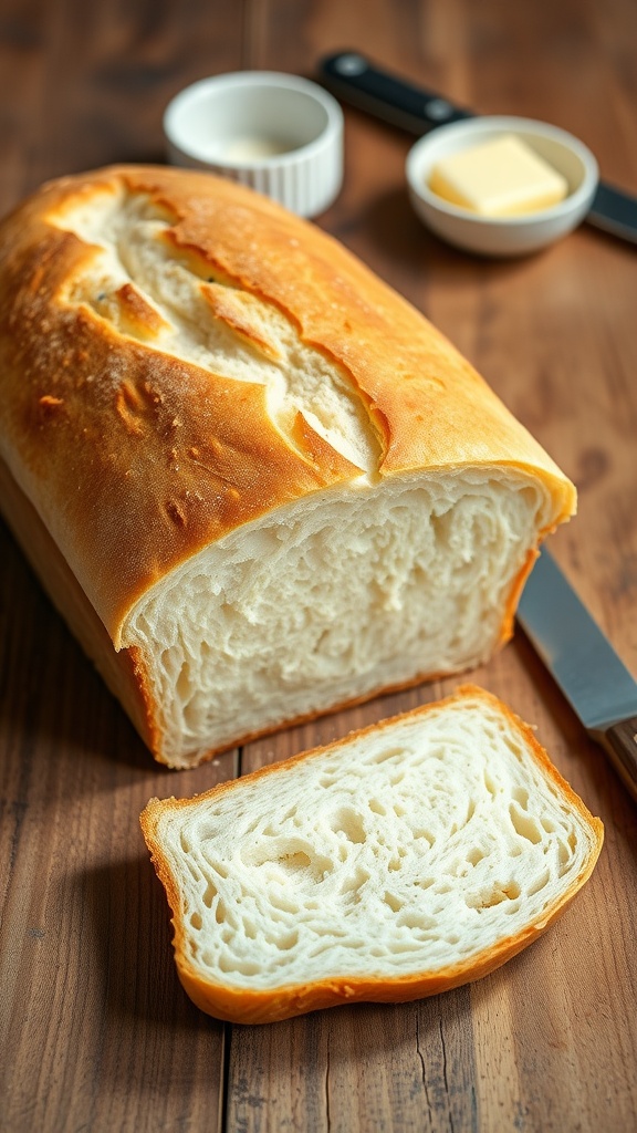 Classic Homemade White Bread Recipe A freshly baked golden loaf of white bread on a wooden table with a slice showing the soft interior, accompanied by a bowl of butter.